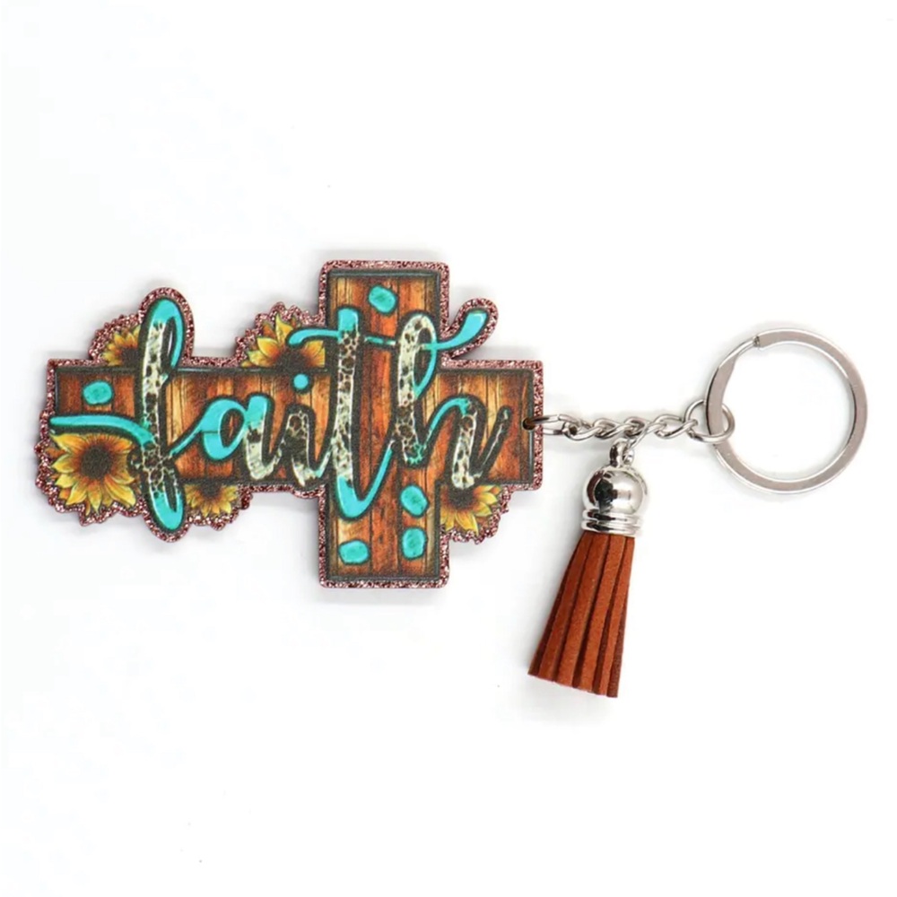 Sunflower Faith Keychain Cross Animal Print Turquoise Brown